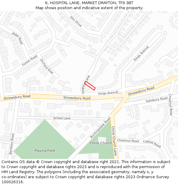 6, HOSPITAL LANE, MARKET DRAYTON, TF9 3BT: Location map and indicative extent of plot