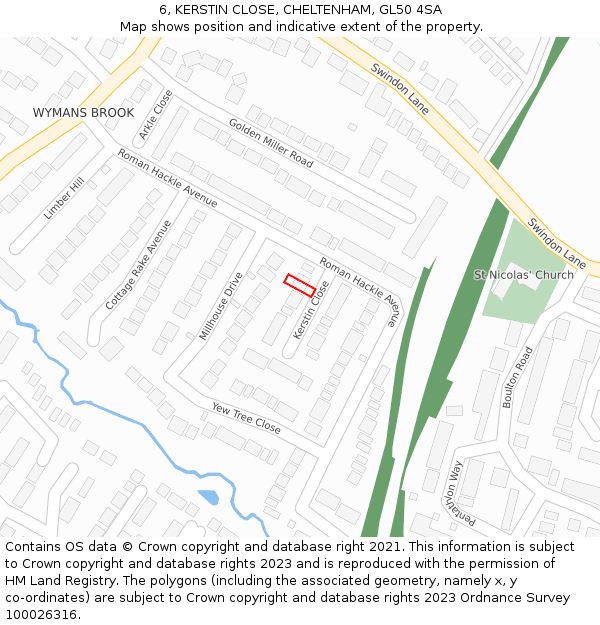 6, KERSTIN CLOSE, CHELTENHAM, GL50 4SA: Location map and indicative extent of plot