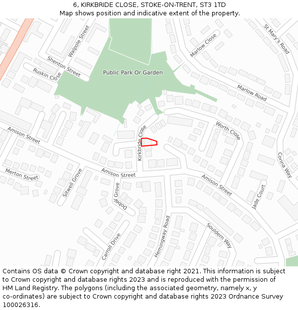 6, KIRKBRIDE CLOSE, STOKE-ON-TRENT, ST3 1TD: Location map and indicative extent of plot