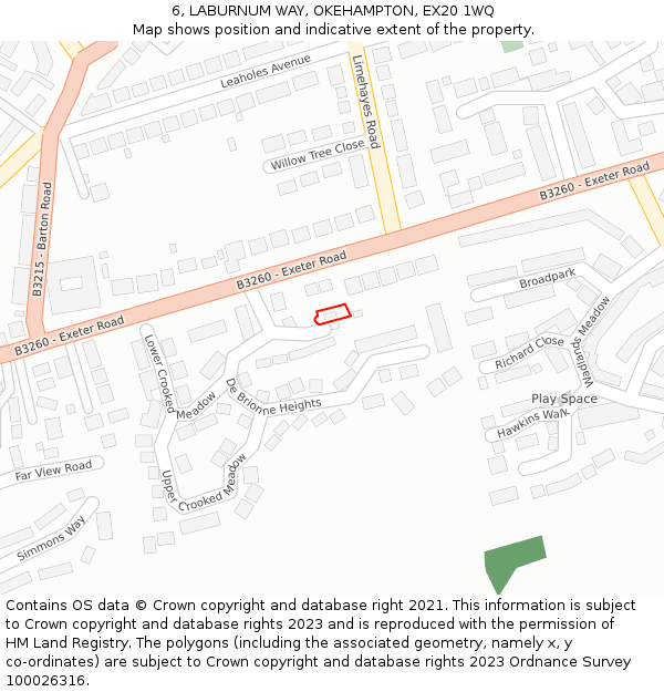 6, LABURNUM WAY, OKEHAMPTON, EX20 1WQ: Location map and indicative extent of plot