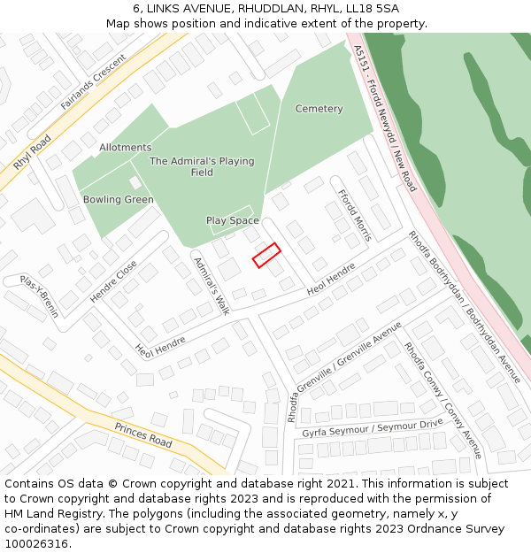 6, LINKS AVENUE, RHUDDLAN, RHYL, LL18 5SA: Location map and indicative extent of plot