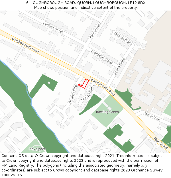 6, LOUGHBOROUGH ROAD, QUORN, LOUGHBOROUGH, LE12 8DX: Location map and indicative extent of plot