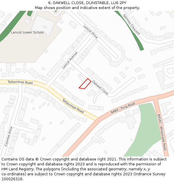 6, OAKWELL CLOSE, DUNSTABLE, LU6 2PY: Location map and indicative extent of plot