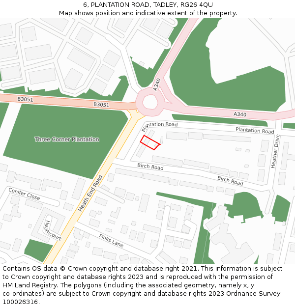 6, PLANTATION ROAD, TADLEY, RG26 4QU: Location map and indicative extent of plot