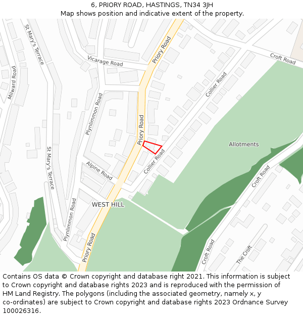 6, PRIORY ROAD, HASTINGS, TN34 3JH: Location map and indicative extent of plot