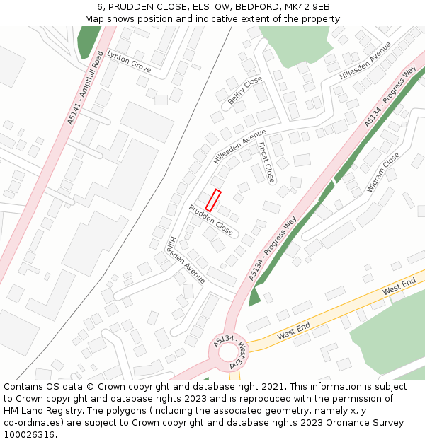 6, PRUDDEN CLOSE, ELSTOW, BEDFORD, MK42 9EB: Location map and indicative extent of plot