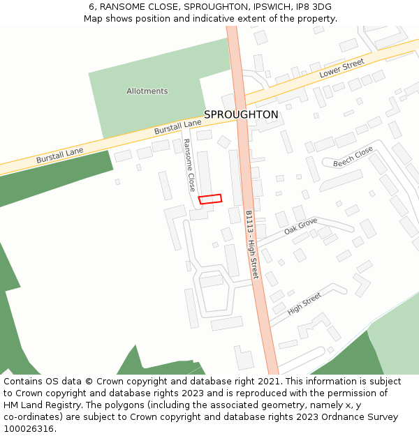 6, RANSOME CLOSE, SPROUGHTON, IPSWICH, IP8 3DG: Location map and indicative extent of plot