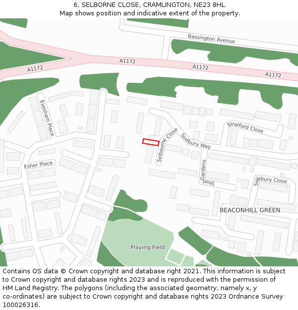6, SELBORNE CLOSE, CRAMLINGTON, NE23 8HL: Location map and indicative extent of plot