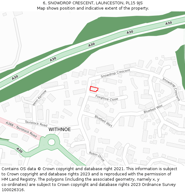 6, SNOWDROP CRESCENT, LAUNCESTON, PL15 9JS: Location map and indicative extent of plot