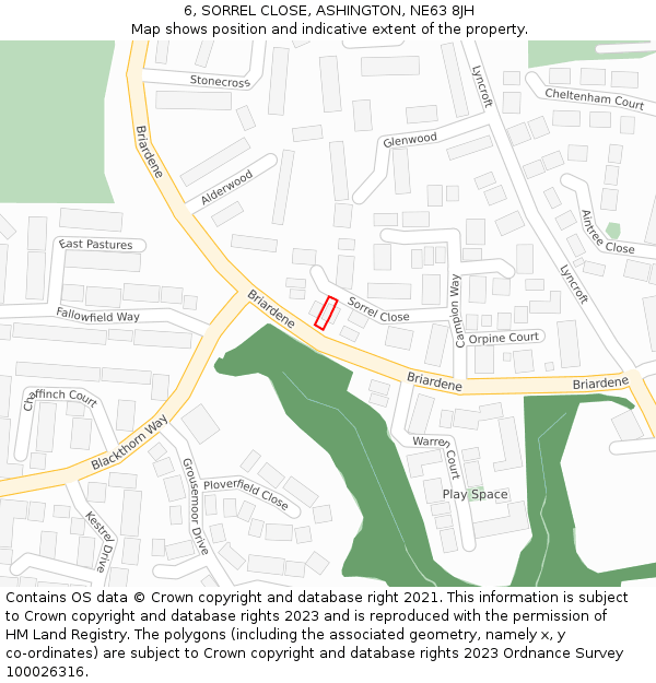 6, SORREL CLOSE, ASHINGTON, NE63 8JH: Location map and indicative extent of plot