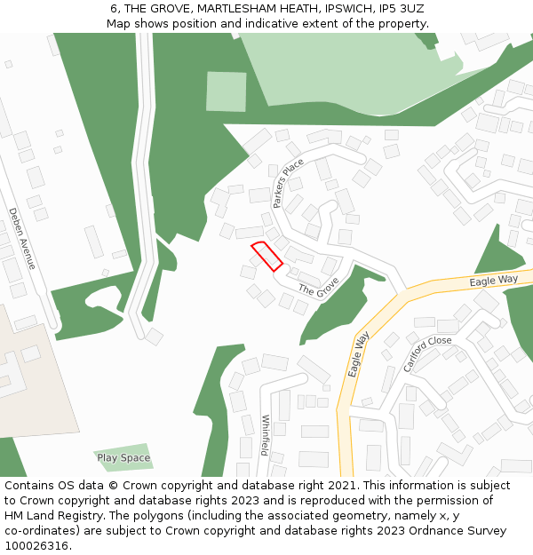 6, THE GROVE, MARTLESHAM HEATH, IPSWICH, IP5 3UZ: Location map and indicative extent of plot