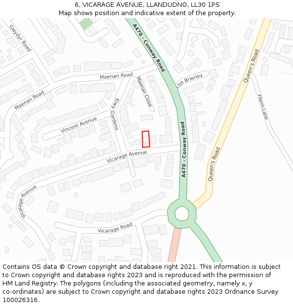 6, VICARAGE AVENUE, LLANDUDNO, LL30 1PS: Location map and indicative extent of plot