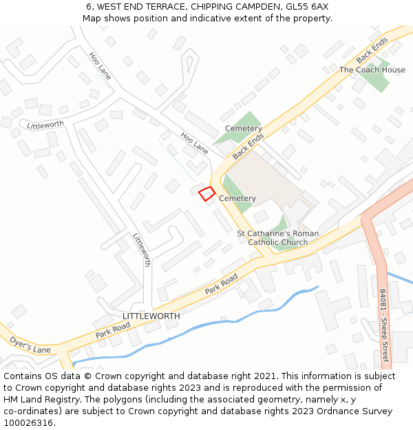 6, WEST END TERRACE, CHIPPING CAMPDEN, GL55 6AX: Location map and indicative extent of plot