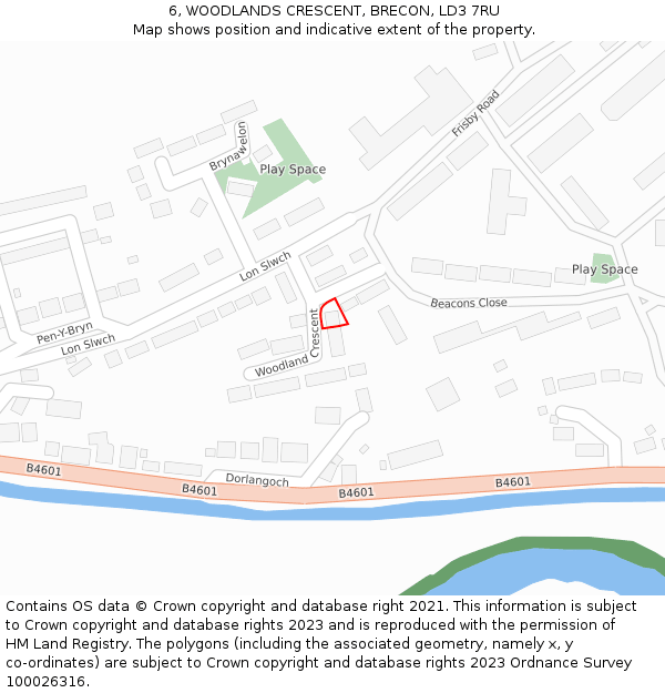 6, WOODLANDS CRESCENT, BRECON, LD3 7RU: Location map and indicative extent of plot