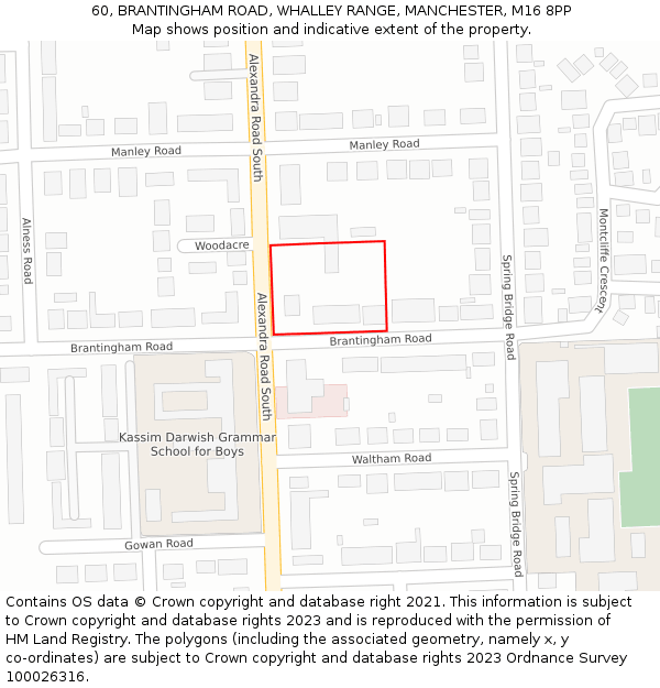 60, BRANTINGHAM ROAD, WHALLEY RANGE, MANCHESTER, M16 8PP: Location map and indicative extent of plot