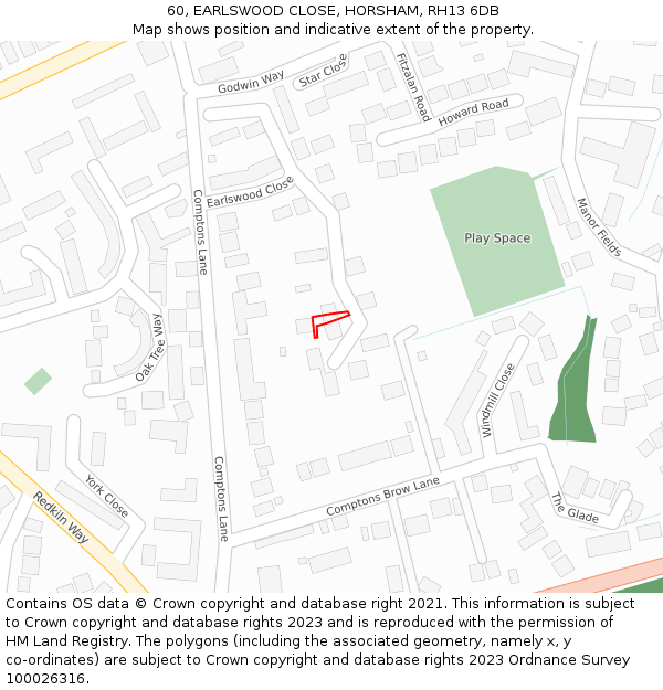 60, EARLSWOOD CLOSE, HORSHAM, RH13 6DB: Location map and indicative extent of plot