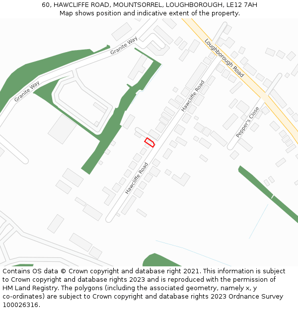 60, HAWCLIFFE ROAD, MOUNTSORREL, LOUGHBOROUGH, LE12 7AH: Location map and indicative extent of plot