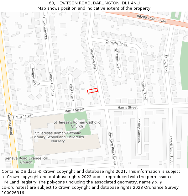 60, HEWITSON ROAD, DARLINGTON, DL1 4NU: Location map and indicative extent of plot