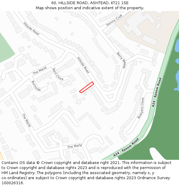 60, HILLSIDE ROAD, ASHTEAD, KT21 1SE: Location map and indicative extent of plot