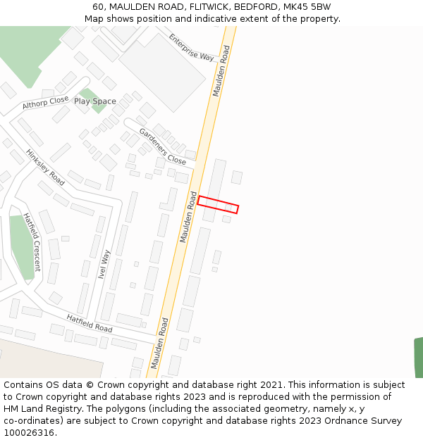 60, MAULDEN ROAD, FLITWICK, BEDFORD, MK45 5BW: Location map and indicative extent of plot