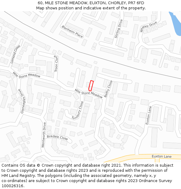 60, MILE STONE MEADOW, EUXTON, CHORLEY, PR7 6FD: Location map and indicative extent of plot