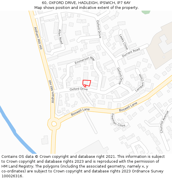 60, OXFORD DRIVE, HADLEIGH, IPSWICH, IP7 6AY: Location map and indicative extent of plot