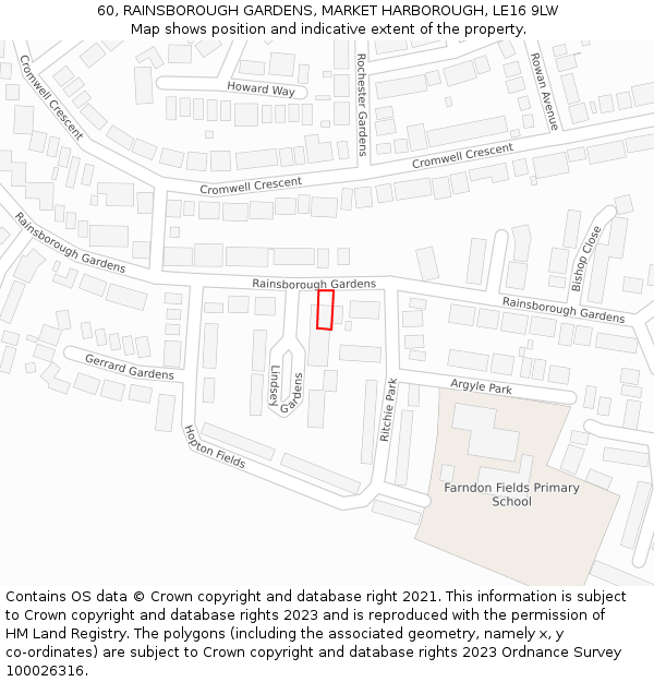 60, RAINSBOROUGH GARDENS, MARKET HARBOROUGH, LE16 9LW: Location map and indicative extent of plot