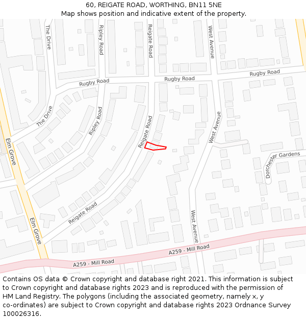 60, REIGATE ROAD, WORTHING, BN11 5NE: Location map and indicative extent of plot