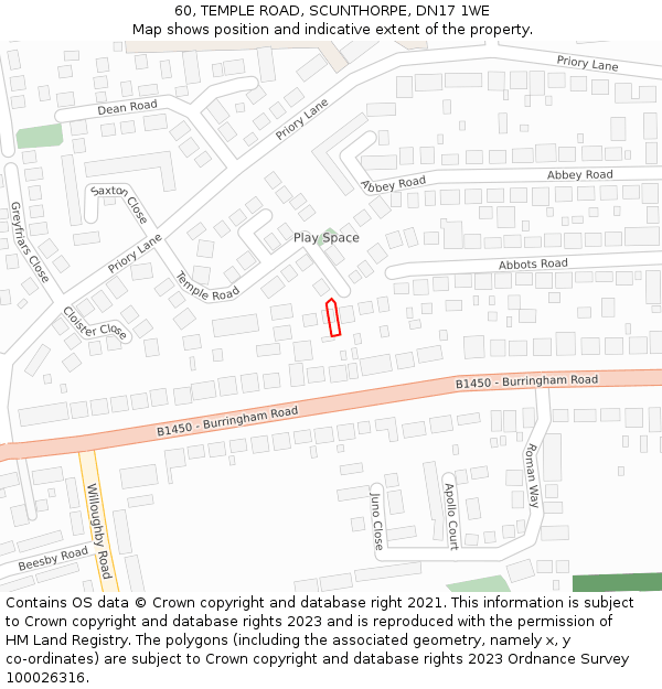 60, TEMPLE ROAD, SCUNTHORPE, DN17 1WE: Location map and indicative extent of plot