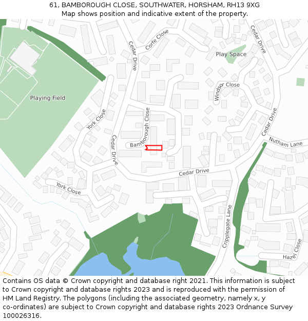 61, BAMBOROUGH CLOSE, SOUTHWATER, HORSHAM, RH13 9XG: Location map and indicative extent of plot