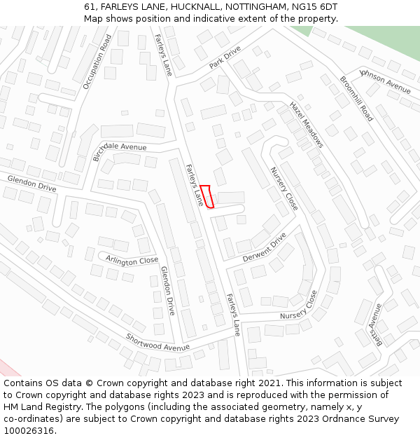 61, FARLEYS LANE, HUCKNALL, NOTTINGHAM, NG15 6DT: Location map and indicative extent of plot