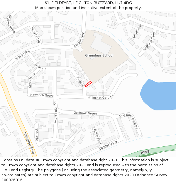 61, FIELDFARE, LEIGHTON BUZZARD, LU7 4DG: Location map and indicative extent of plot