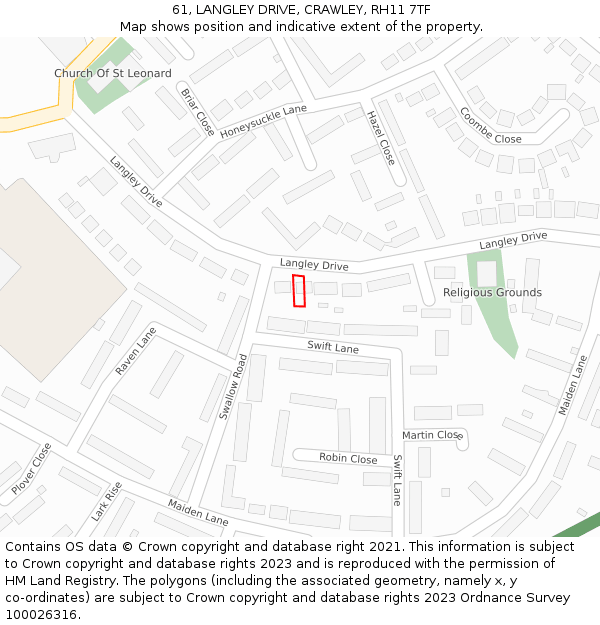 61, LANGLEY DRIVE, CRAWLEY, RH11 7TF: Location map and indicative extent of plot