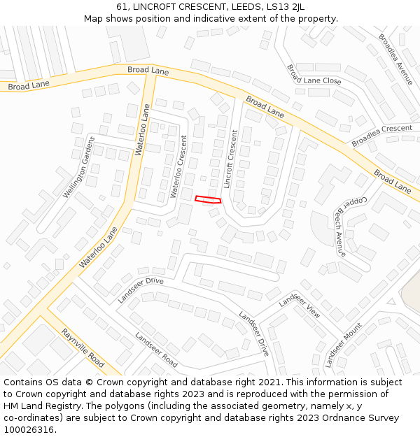 61, LINCROFT CRESCENT, LEEDS, LS13 2JL: Location map and indicative extent of plot