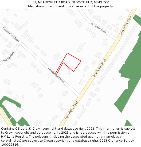 61, MEADOWFIELD ROAD, STOCKSFIELD, NE43 7PZ: Location map and indicative extent of plot