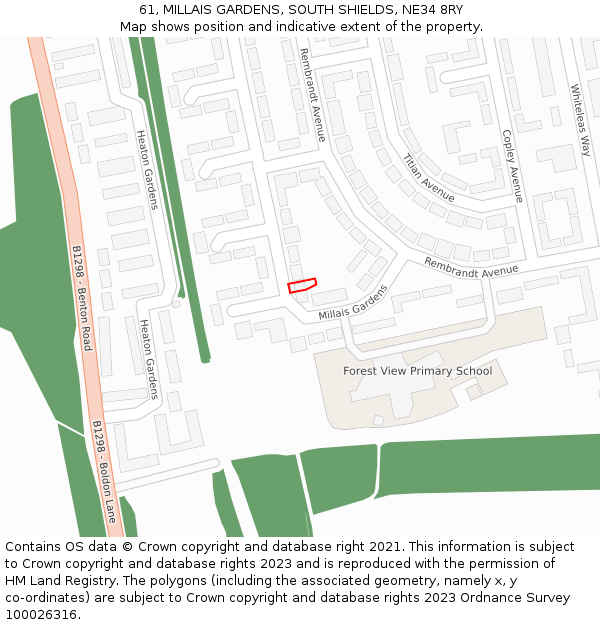 61, MILLAIS GARDENS, SOUTH SHIELDS, NE34 8RY: Location map and indicative extent of plot