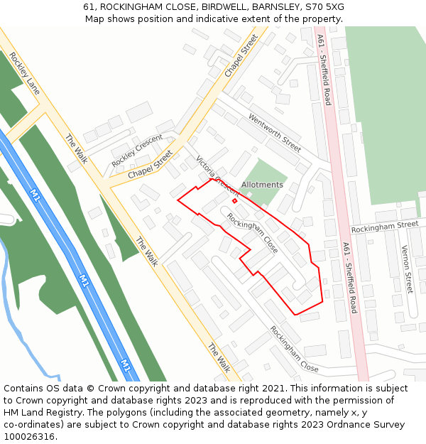 61, ROCKINGHAM CLOSE, BIRDWELL, BARNSLEY, S70 5XG: Location map and indicative extent of plot