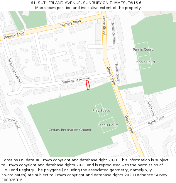 61, SUTHERLAND AVENUE, SUNBURY-ON-THAMES, TW16 6LL: Location map and indicative extent of plot