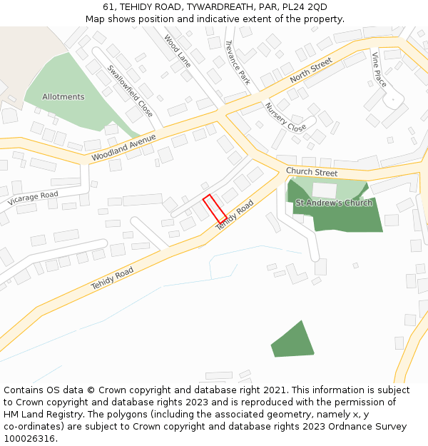 61, TEHIDY ROAD, TYWARDREATH, PAR, PL24 2QD: Location map and indicative extent of plot