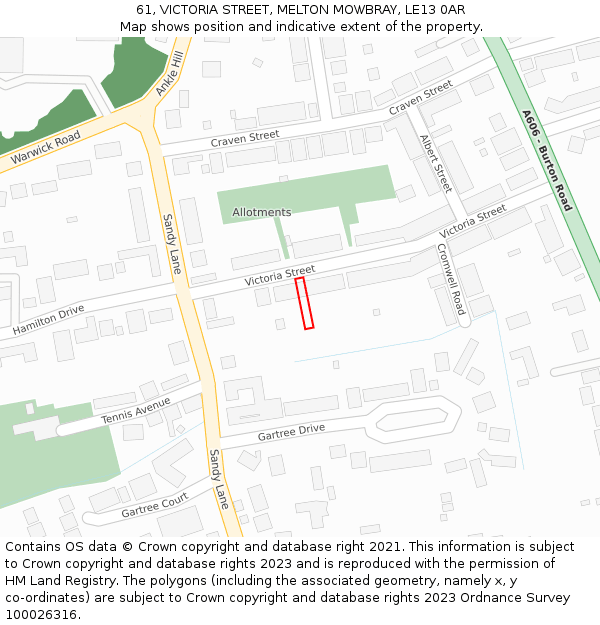 61, VICTORIA STREET, MELTON MOWBRAY, LE13 0AR: Location map and indicative extent of plot