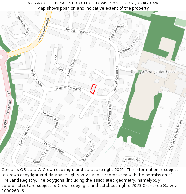 62, AVOCET CRESCENT, COLLEGE TOWN, SANDHURST, GU47 0XW: Location map and indicative extent of plot