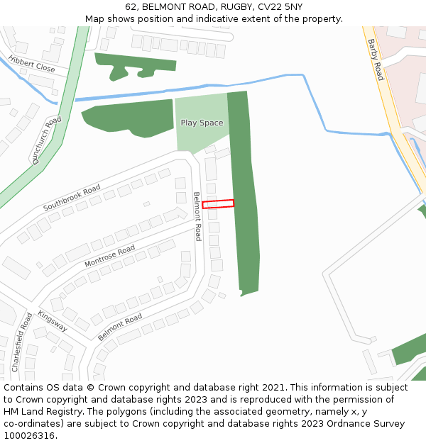 62, BELMONT ROAD, RUGBY, CV22 5NY: Location map and indicative extent of plot