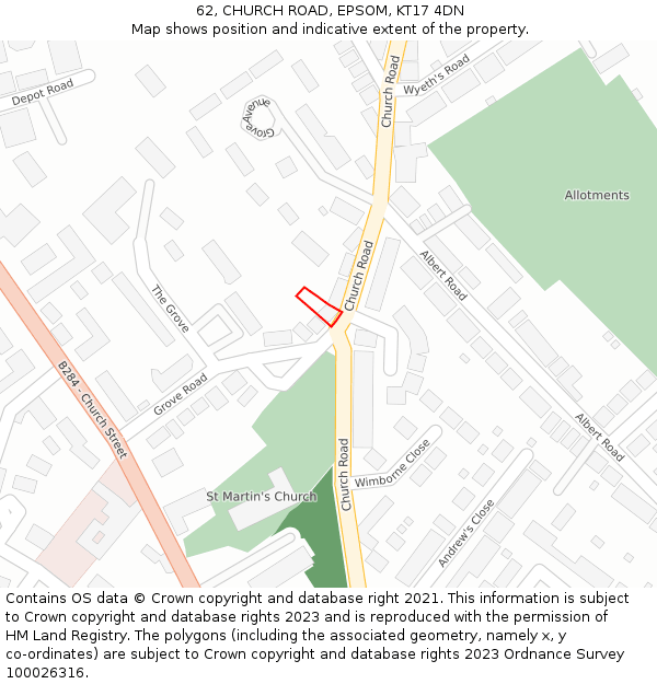 62, CHURCH ROAD, EPSOM, KT17 4DN: Location map and indicative extent of plot