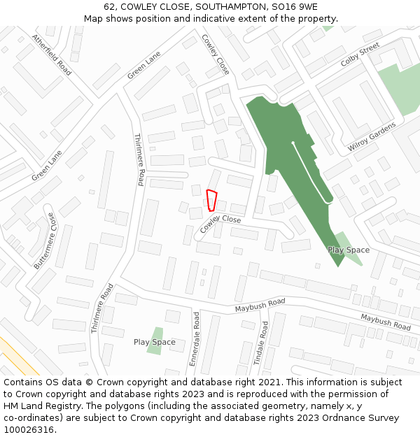 62, COWLEY CLOSE, SOUTHAMPTON, SO16 9WE: Location map and indicative extent of plot