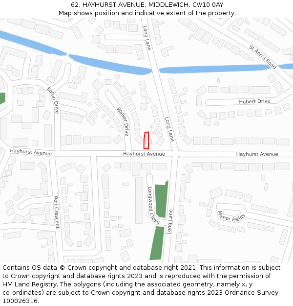 62, HAYHURST AVENUE, MIDDLEWICH, CW10 0AY: Location map and indicative extent of plot