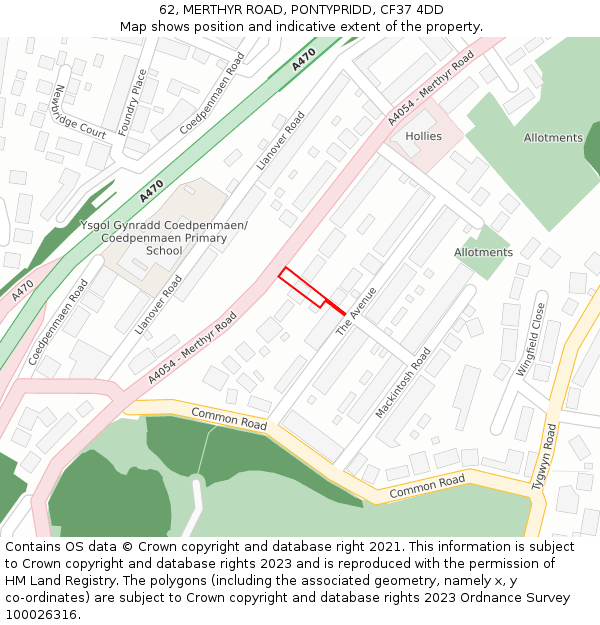 62, MERTHYR ROAD, PONTYPRIDD, CF37 4DD: Location map and indicative extent of plot