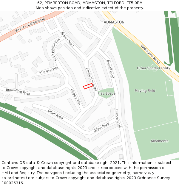 62, PEMBERTON ROAD, ADMASTON, TELFORD, TF5 0BA: Location map and indicative extent of plot