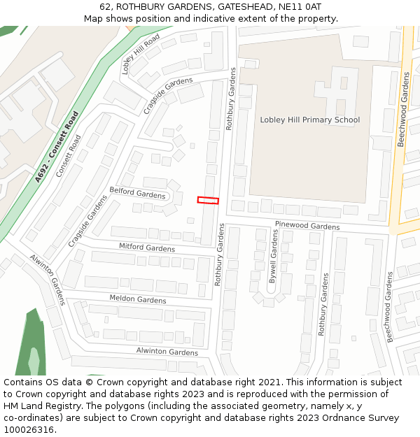 62, ROTHBURY GARDENS, GATESHEAD, NE11 0AT: Location map and indicative extent of plot