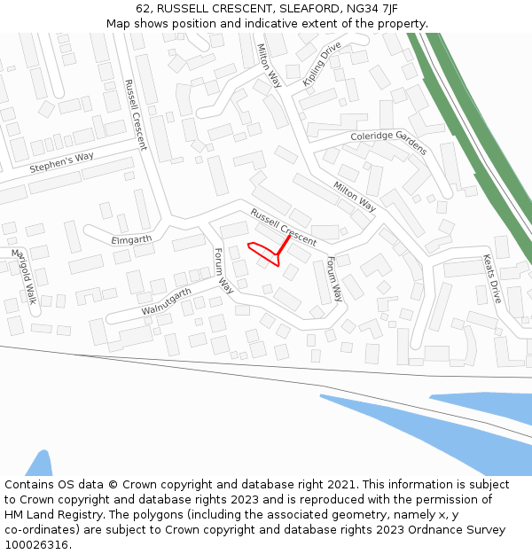 62, RUSSELL CRESCENT, SLEAFORD, NG34 7JF: Location map and indicative extent of plot
