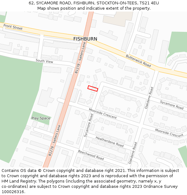 62, SYCAMORE ROAD, FISHBURN, STOCKTON-ON-TEES, TS21 4EU: Location map and indicative extent of plot